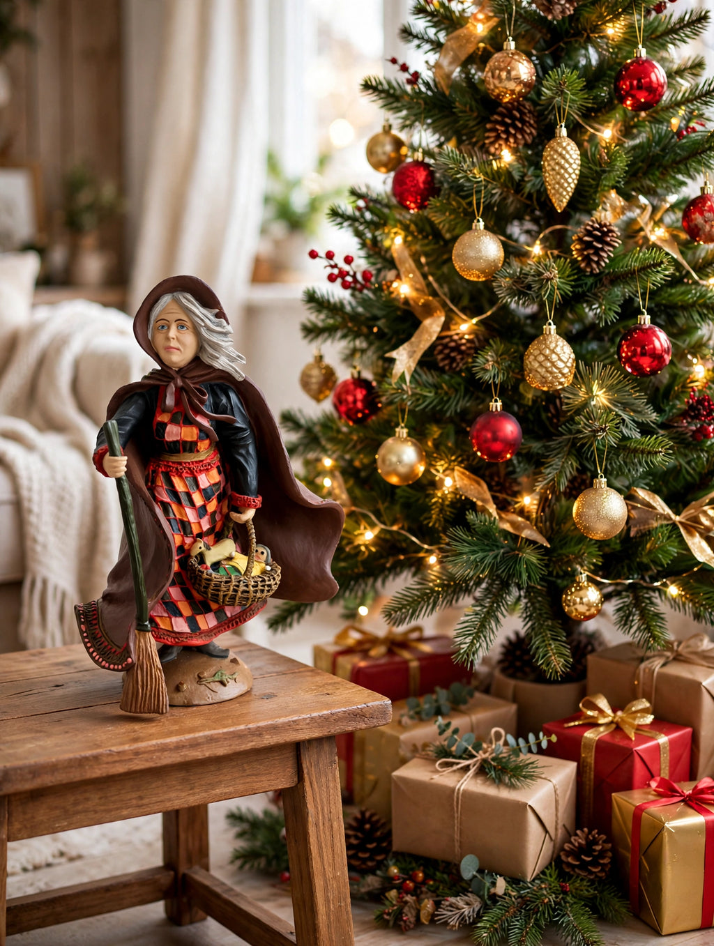 Befana on a side table beside a decorated Christmas tree with wrapped gifts (styled display inspiration)