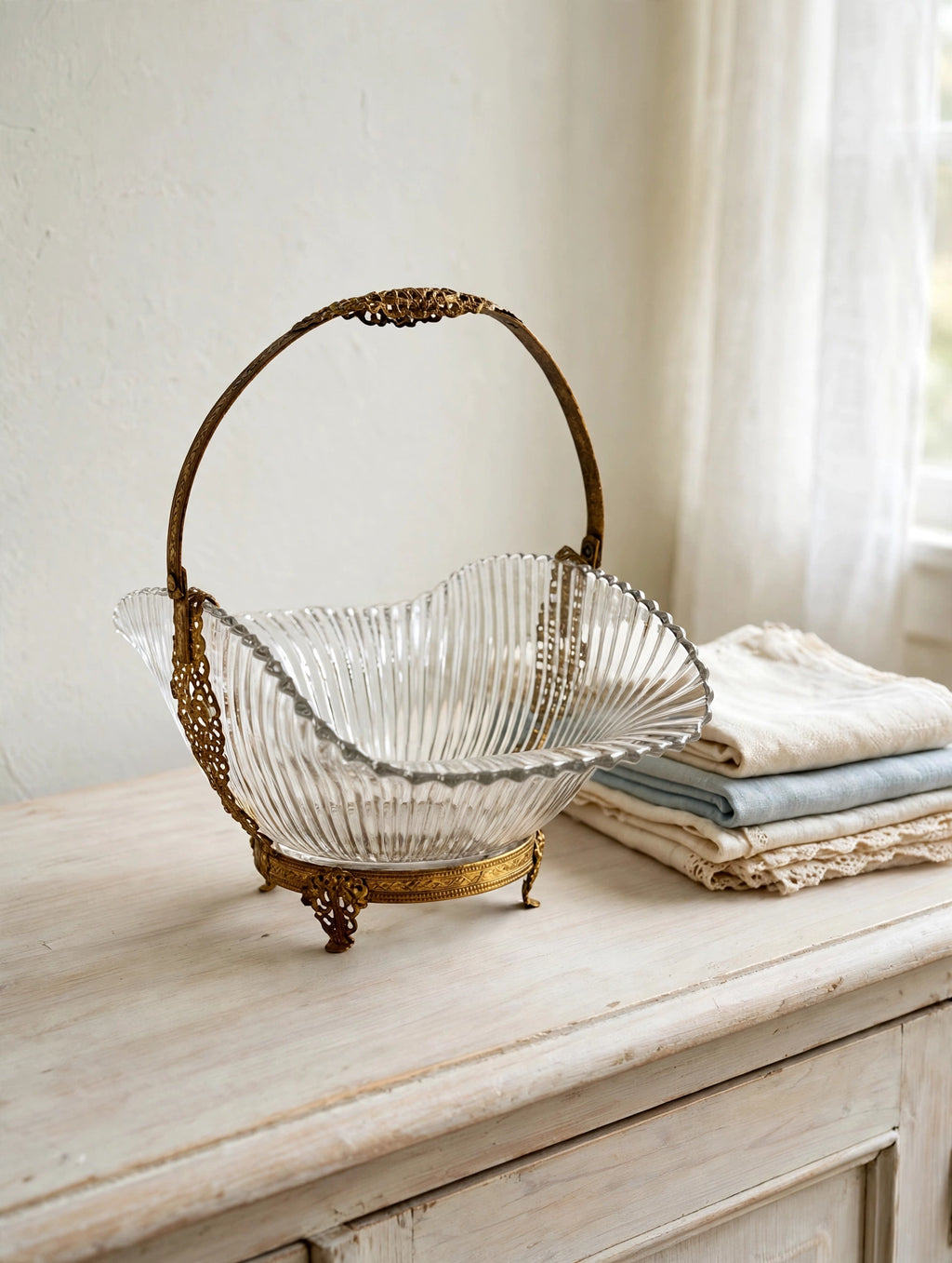 Bride's basket on a light wood sideboard with folded vintage linens (styled display inspiration)