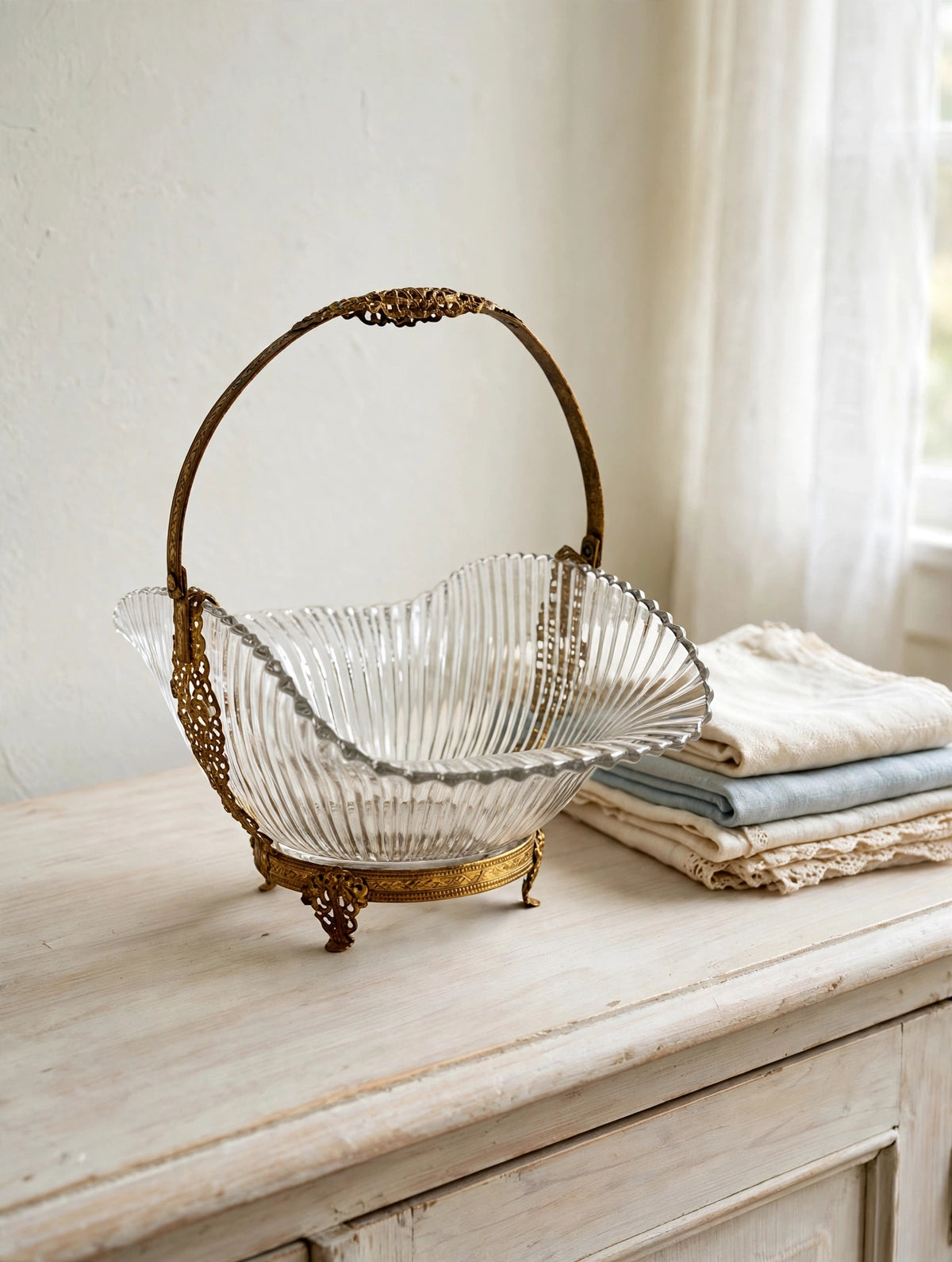 Bride's basket on a light wood sideboard with folded vintage linens (styled display inspiration)