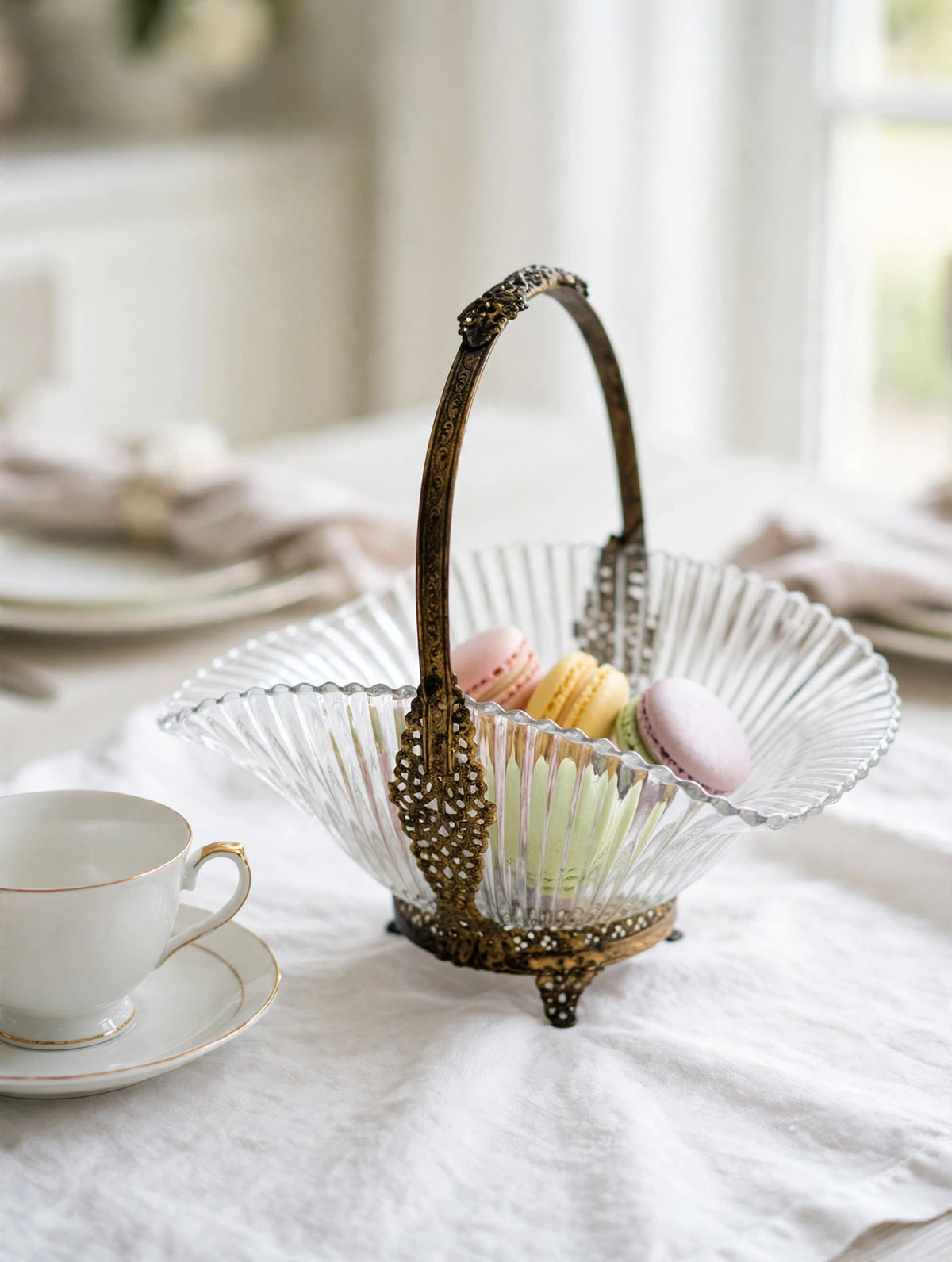 Bride's basket on an afternoon tea table with macarons (styled display inspiration)