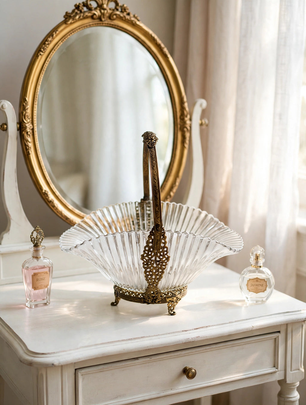 Bride's basket on a vanity dressing table with perfume bottles (styled display inspiration)