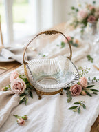 Bride's basket as a wedding table centerpiece with blush roses (styled display inspiration)