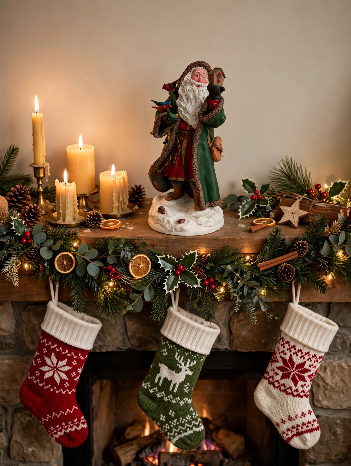 Santa's Choir on a Christmas mantel with garland, candles and stockings (styled display inspiration)