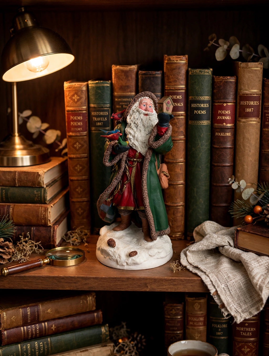 Santa's Choir in a cozy bookshelf nook with antique books (styled display inspiration)