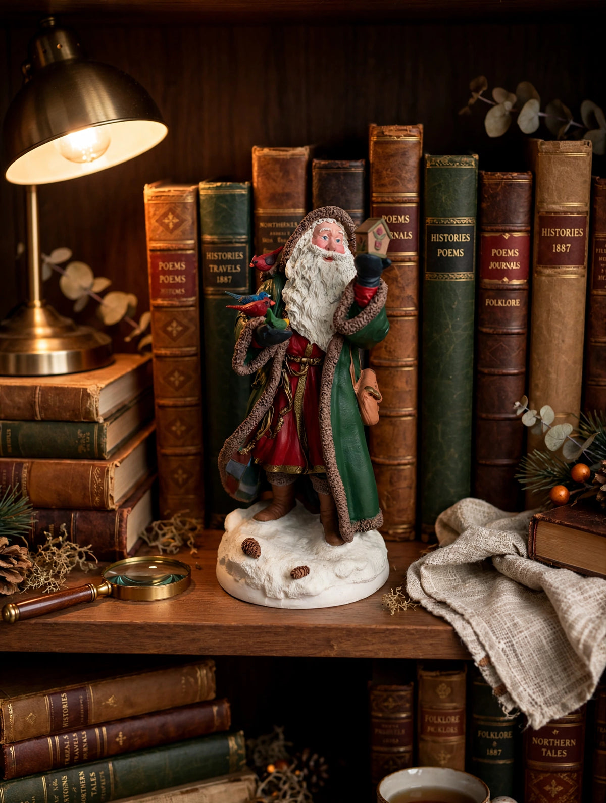 Santa's Choir in a cozy bookshelf nook with antique books (styled display inspiration)