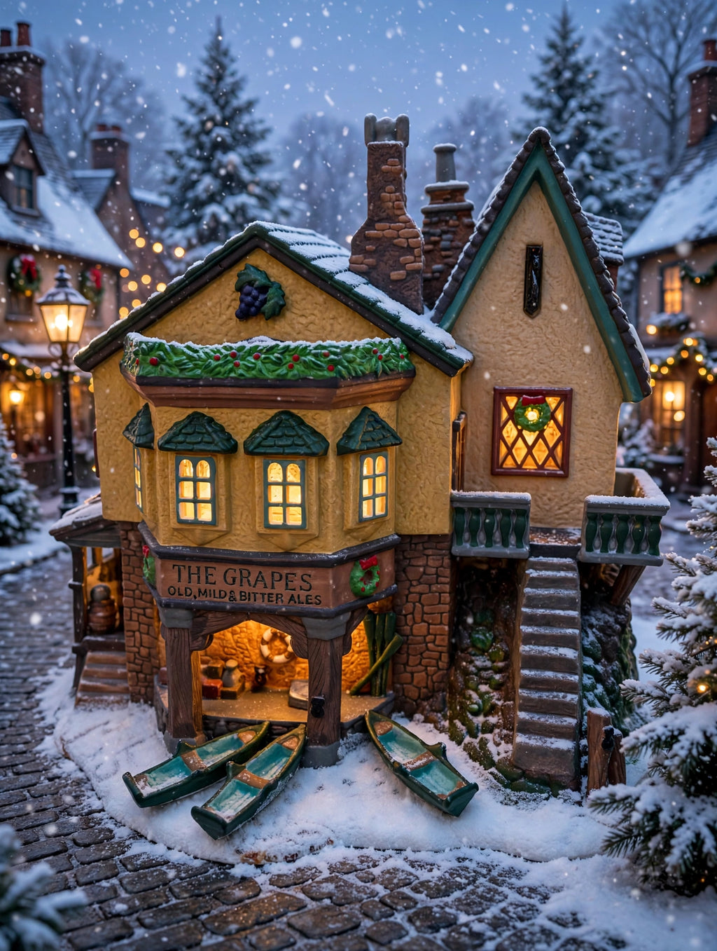 Styled lifestyle photo: The Grapes Inn in a snowy Dickens village street at dusk - display inspiration