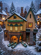 Styled lifestyle photo: The Grapes Inn in a snowy Dickens village street at dusk - display inspiration