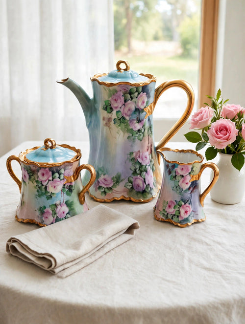 Styled display photo — the Haviland hand-painted chocolate service on a linen-dressed table (styled display inspiration)
