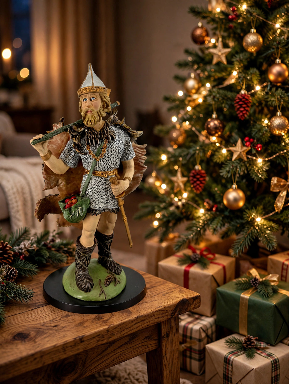Odin on a side table beside a lit Christmas tree (styled display inspiration)