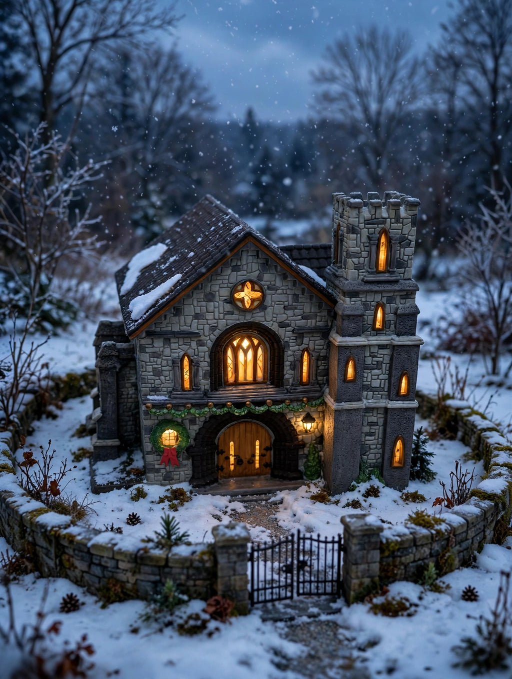 Whittlesbourne Church in a snowy churchyard at twilight (styled display inspiration)
