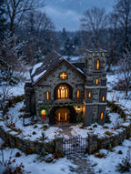Whittlesbourne Church in a snowy churchyard at twilight (styled display inspiration)