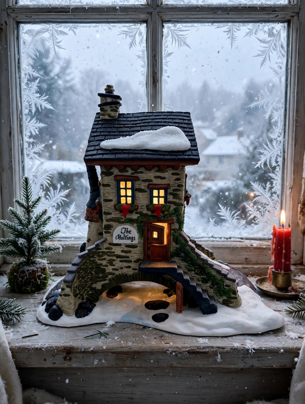 The Maltings on a frosty Christmas windowsill, styled scene shown for display inspiration