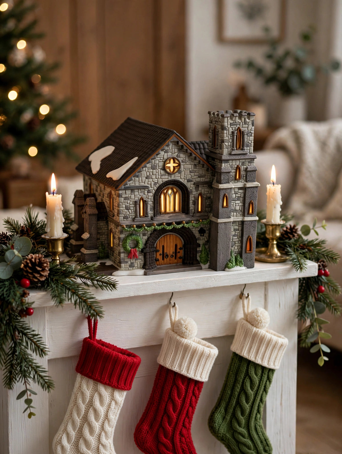 Whittlesbourne Church displayed on a Christmas mantel (styled display inspiration)