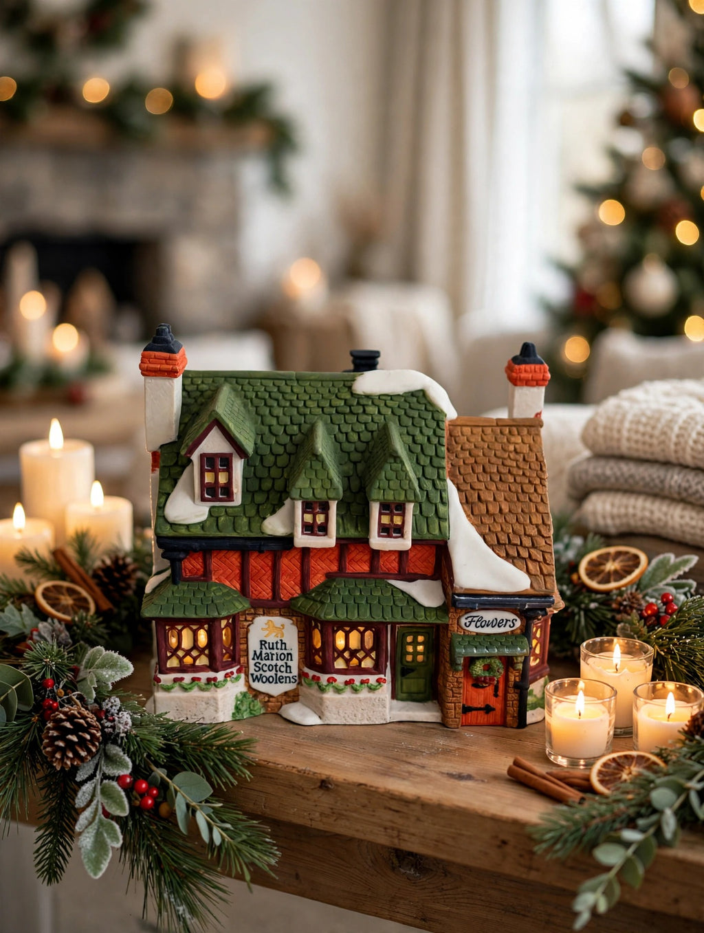 Styled photo - Ruth Marion Scotch Woolens on a decorated Christmas mantel (display inspiration)
