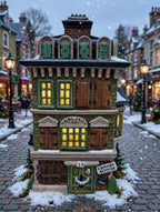 The Flat of Ebenezer Scrooge on a snowy Victorian London street at dusk (styled display inspiration)