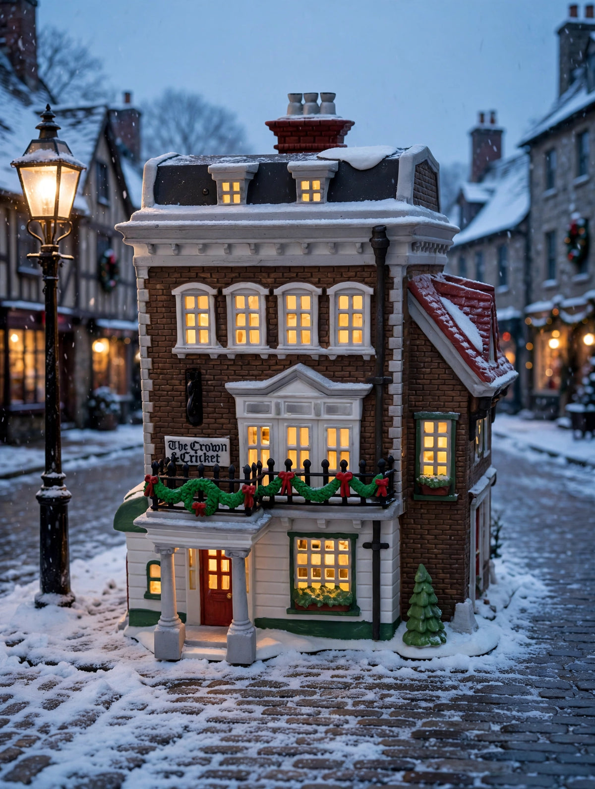 Department 56 Crown & Cricket Inn, Dickens' Village, 1992 First Edition lit on a snowy Dickens village street at dusk (styled display inspiration)