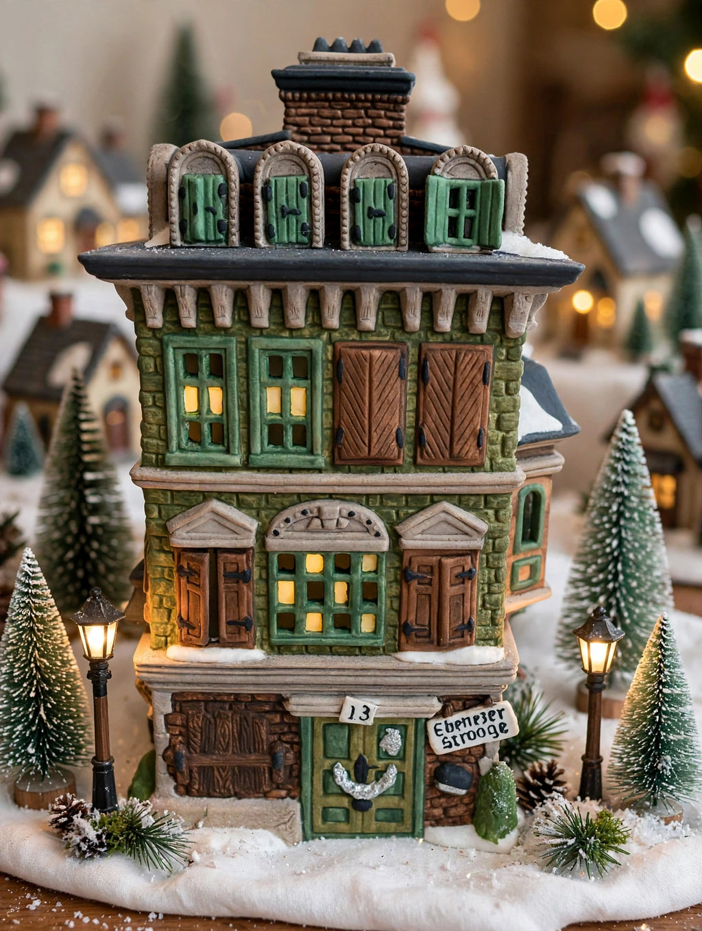 The Flat of Ebenezer Scrooge as the centerpiece of a tabletop village display (styled display inspiration)