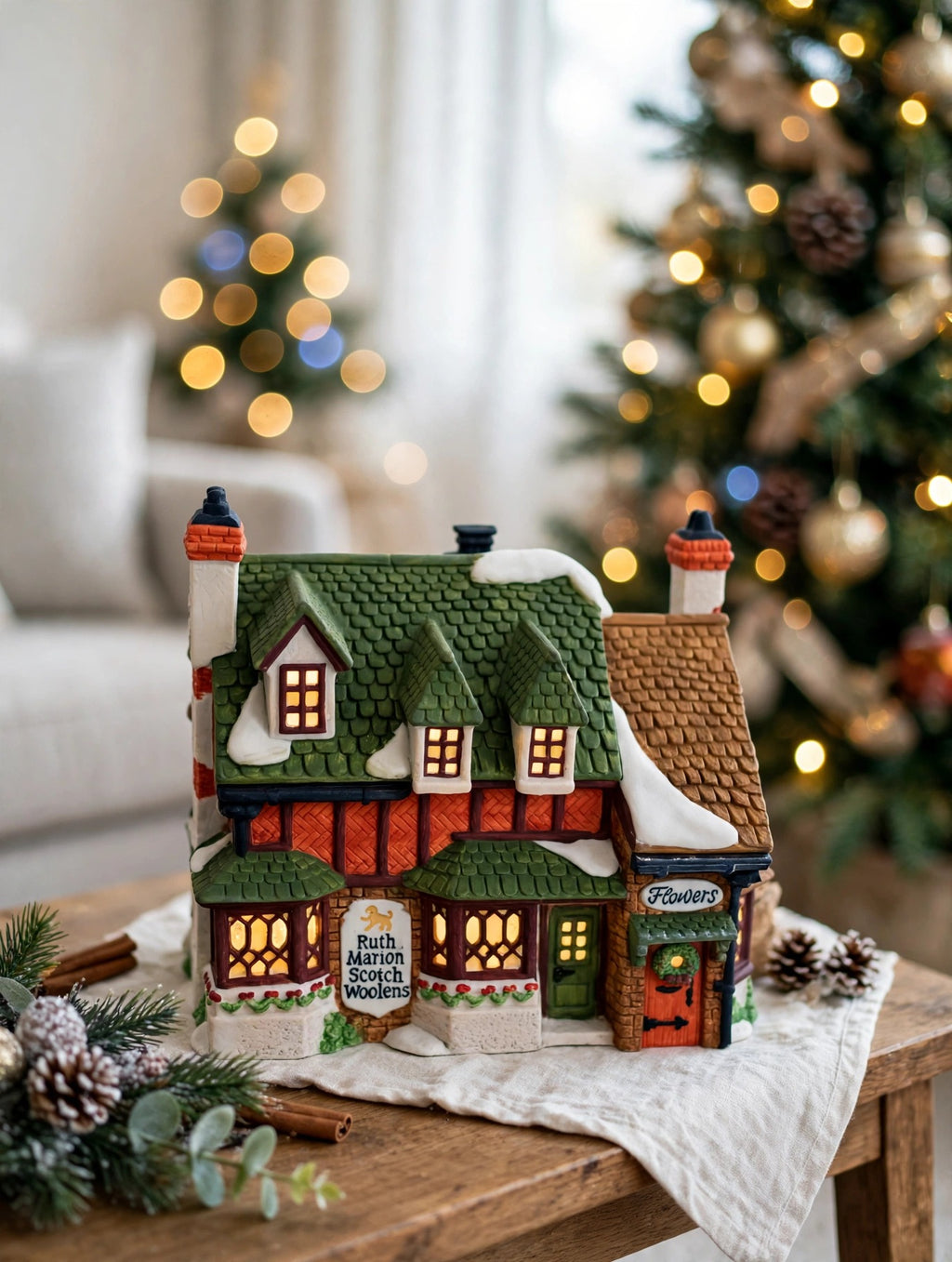 Styled photo - Ruth Marion Scotch Woolens beside a decorated Christmas tree (display inspiration)