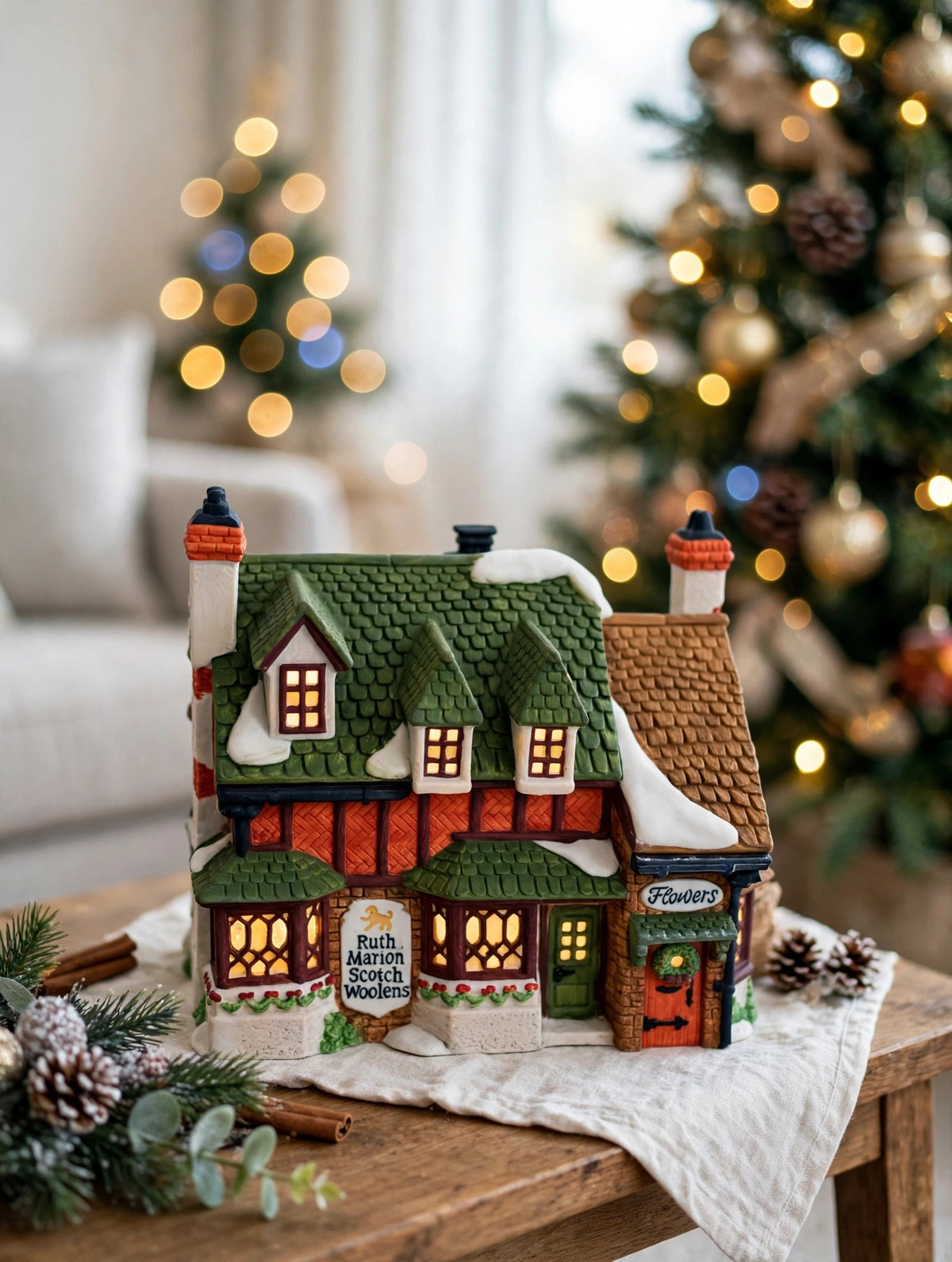 Styled photo - Ruth Marion Scotch Woolens beside a decorated Christmas tree (display inspiration)