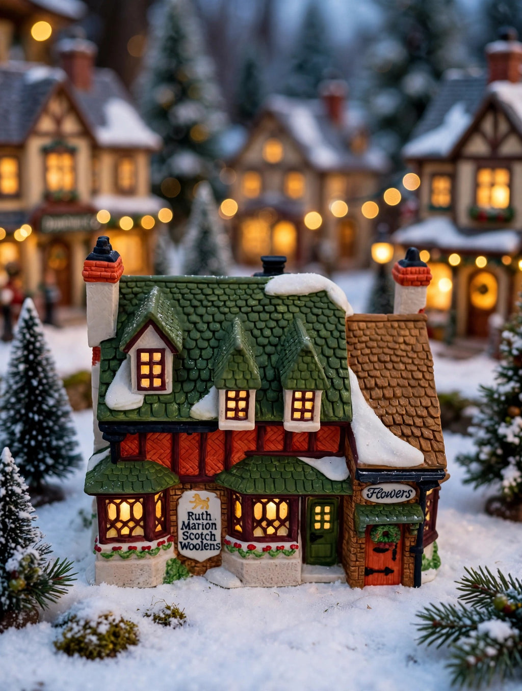 Styled photo - Ruth Marion Scotch Woolens in a Christmas village display (display inspiration)