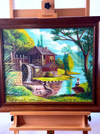 Meliton Rodriguez 1998 original oil on canvas watermill landscape, framed — front view on an easel — the watermill beside the river