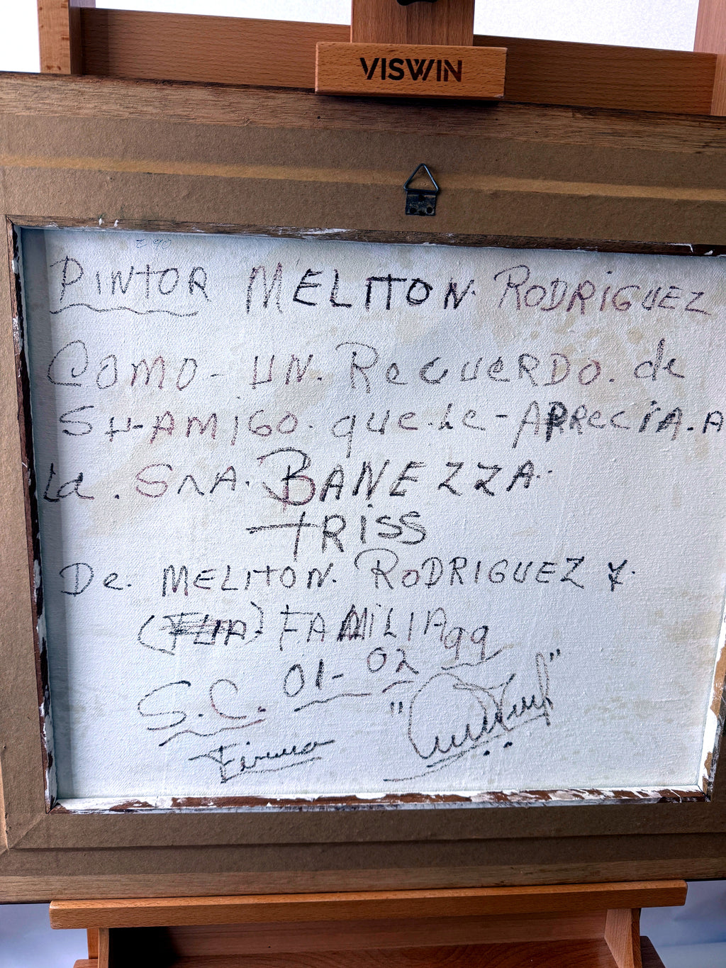 Meliton Rodriguez 1998 original oil on canvas watermill landscape, framed — the canvas reverse with the artist's handwritten Spanish dedication, dated 01-02-98