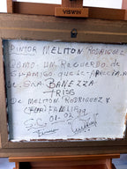 Meliton Rodriguez 1998 original oil on canvas watermill landscape, framed — the canvas reverse with the artist's handwritten Spanish dedication, dated 01-02-98