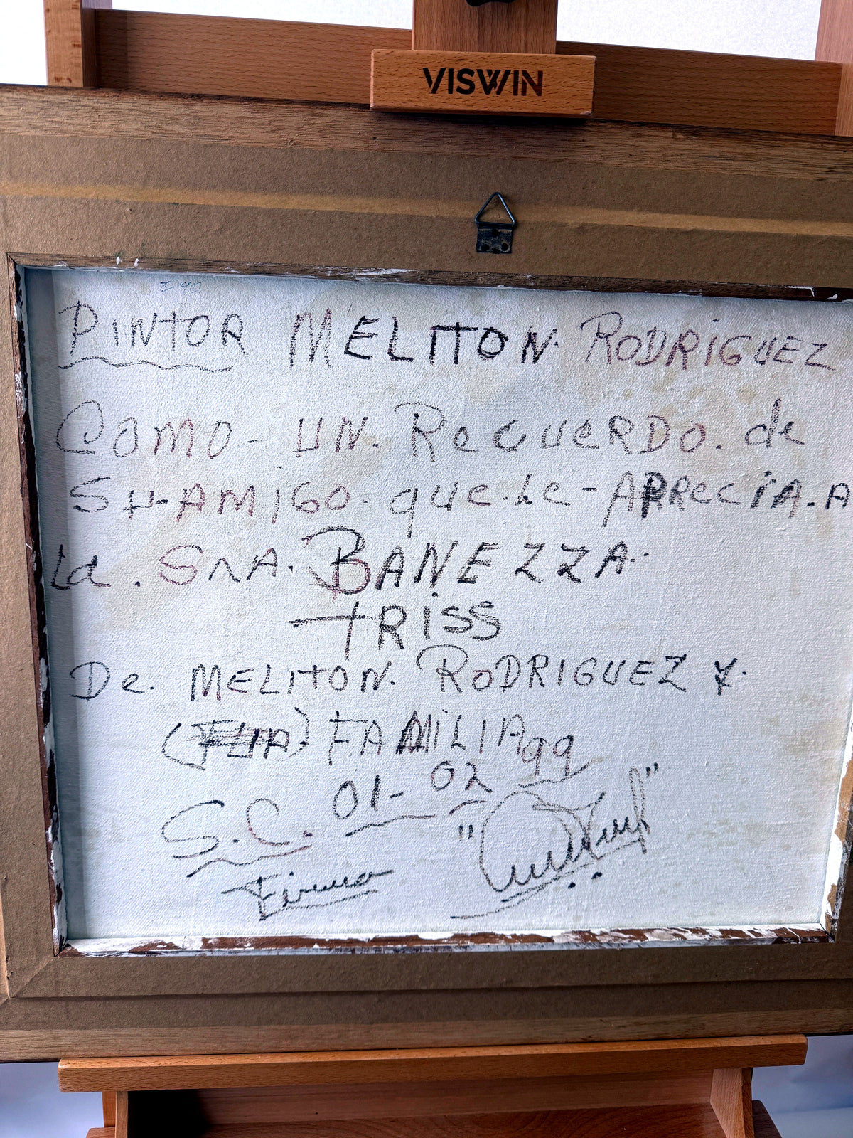 Meliton Rodriguez 1998 original oil on canvas watermill landscape, framed — the canvas reverse with the artist's handwritten Spanish dedication, dated 01-02-98