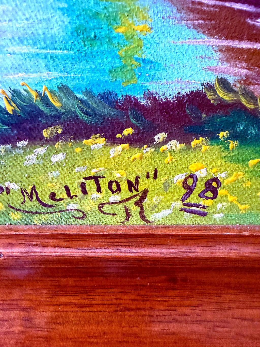 Meliton Rodriguez 1998 original oil on canvas watermill landscape, framed — close-up of the signature — 'Meliton', dated 98, in the grass