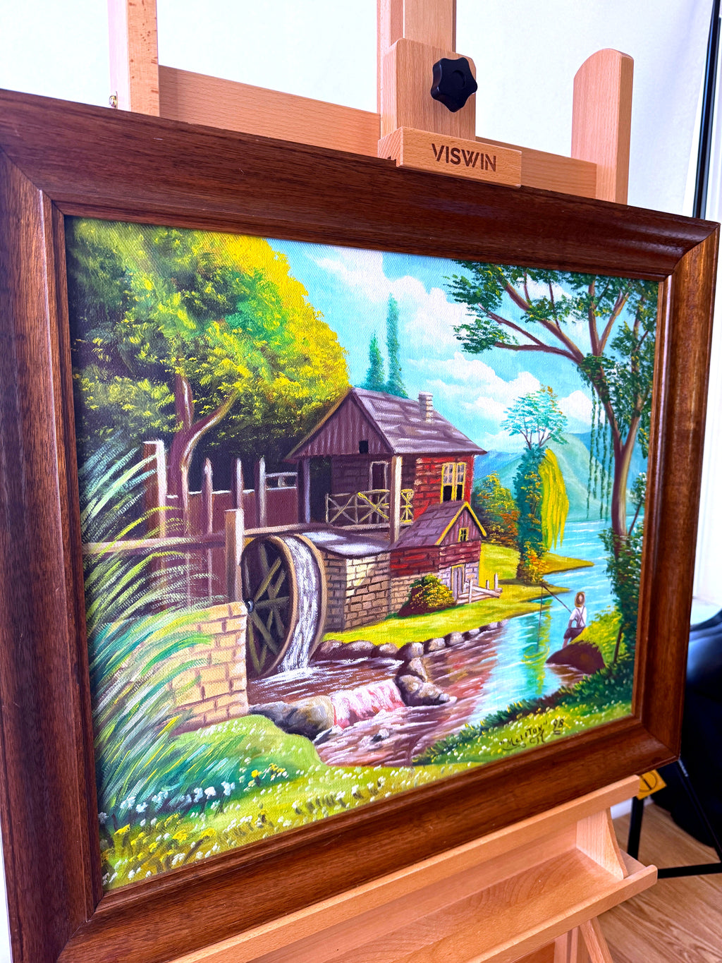 Meliton Rodriguez 1998 original oil on canvas watermill landscape, framed — front view from a right angle