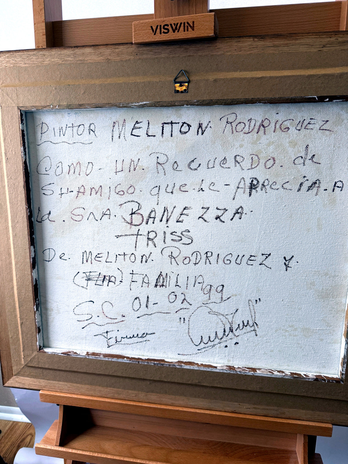 Meliton Rodriguez 1998 original oil on canvas watermill landscape, framed — the reverse dedication, closer crop of the handwriting