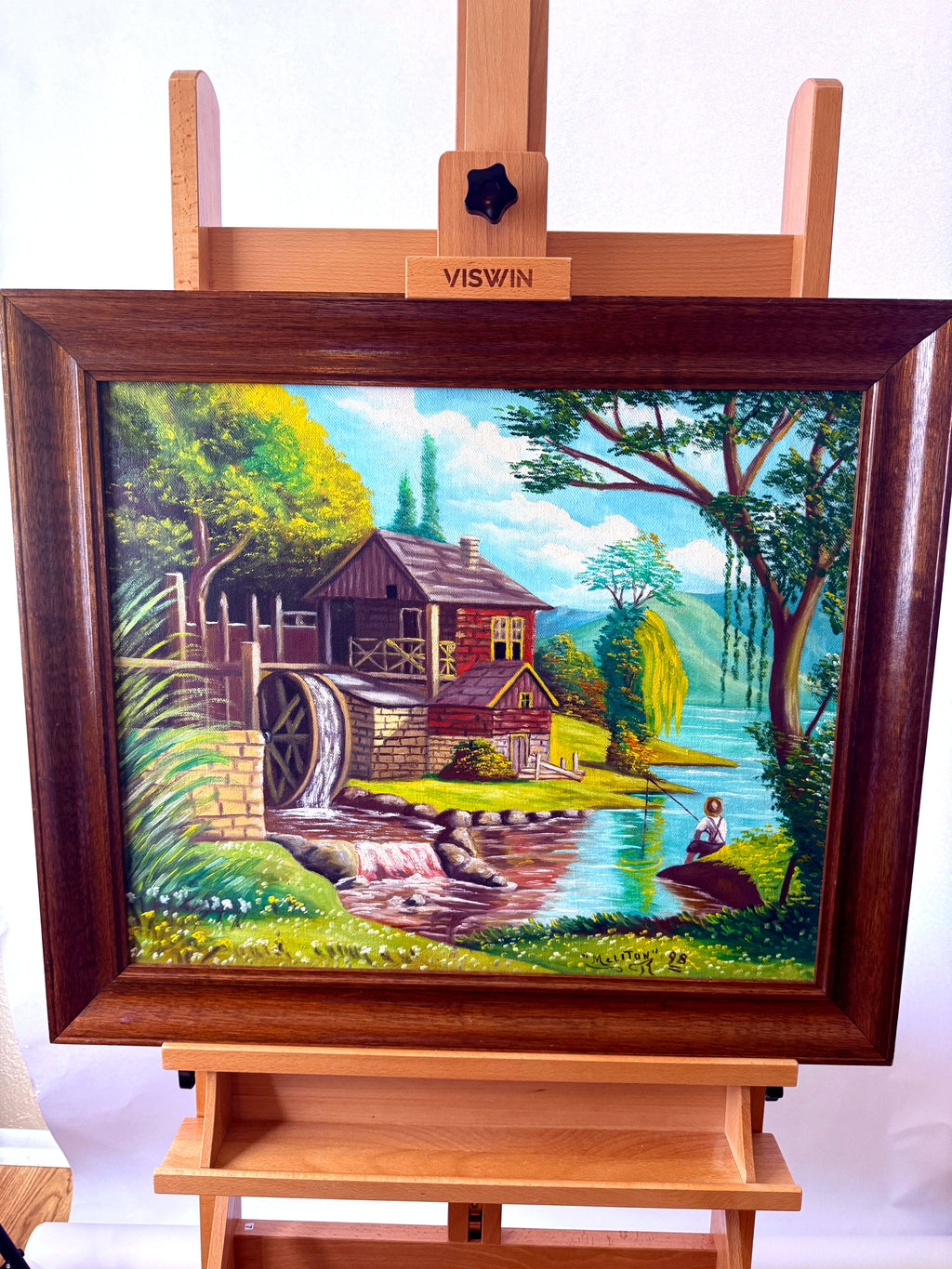 Meliton Rodriguez 1998 original oil on canvas watermill landscape, framed — front view on an easel, straight on