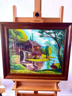 Meliton Rodriguez 1998 original oil on canvas watermill landscape, framed — front view on an easel, straight on