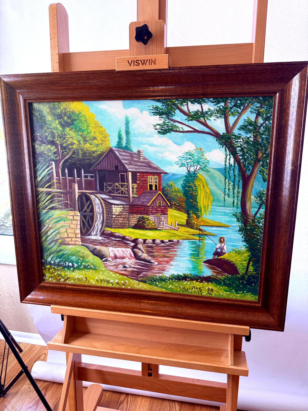 Meliton Rodriguez 1998 original oil on canvas watermill landscape, framed — front view on an easel