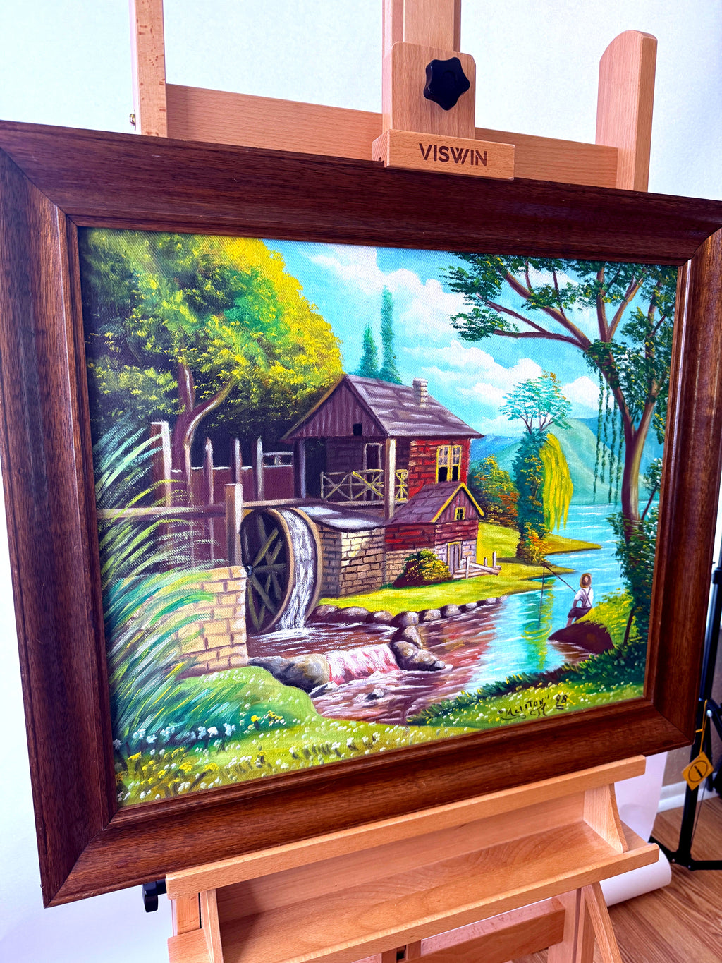 Meliton Rodriguez 1998 original oil on canvas watermill landscape, framed — front view from a right angle, second shot