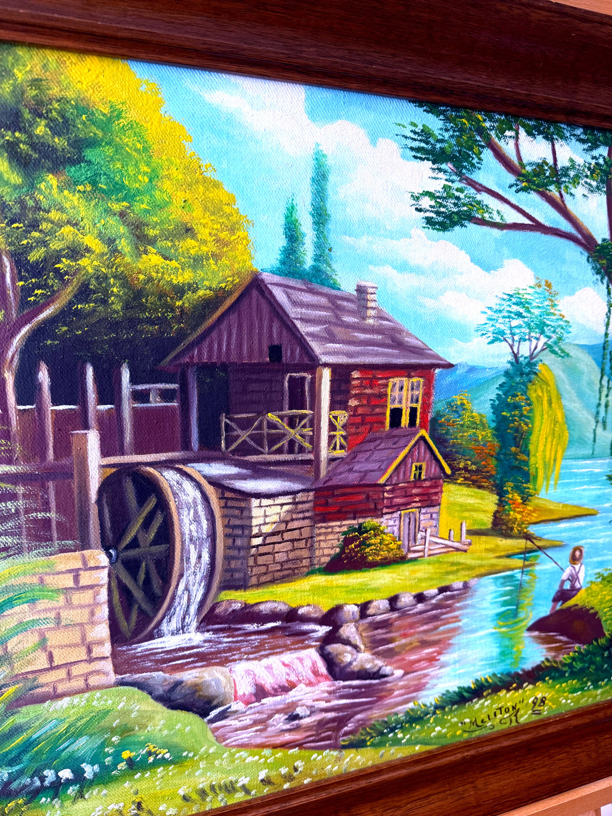 Meliton Rodriguez 1998 original oil on canvas watermill landscape, framed — close-up of the watermill and the fisherman on the bank