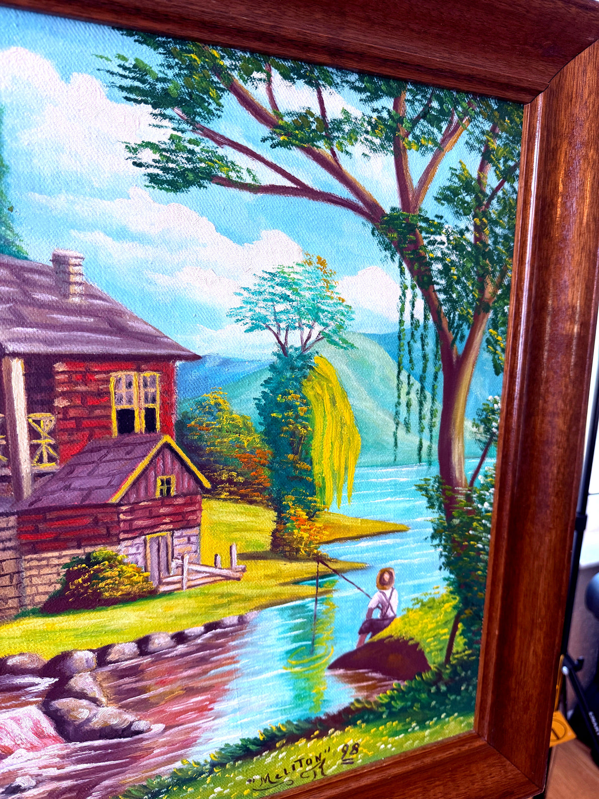Meliton Rodriguez 1998 original oil on canvas watermill landscape, framed — close-up of the left side — mill house and trees