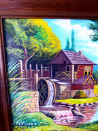 Meliton Rodriguez 1998 original oil on canvas watermill landscape, framed — close-up of the centre — the mill and its waterwheel