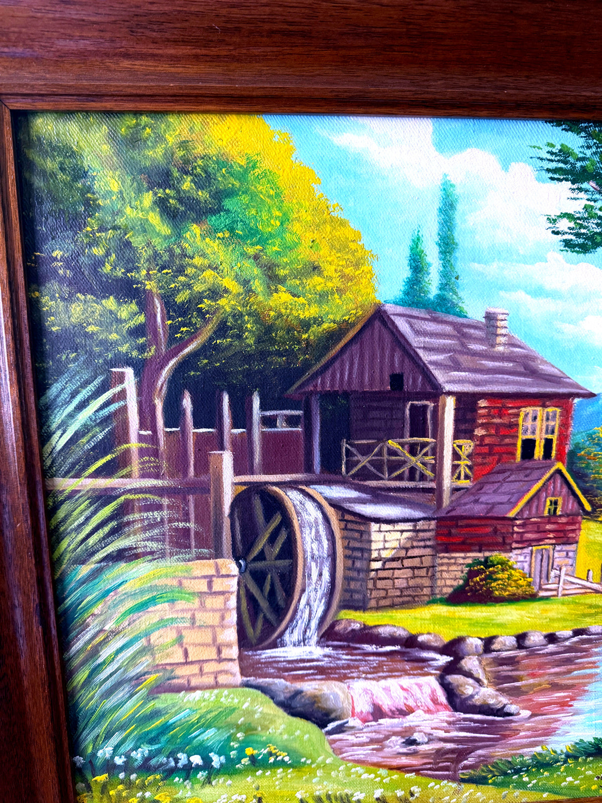 Meliton Rodriguez 1998 original oil on canvas watermill landscape, framed — close-up of the centre — the mill and its waterwheel