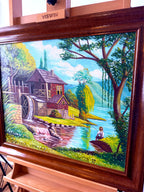 Meliton Rodriguez 1998 original oil on canvas watermill landscape, framed — front view on an easel, final shot