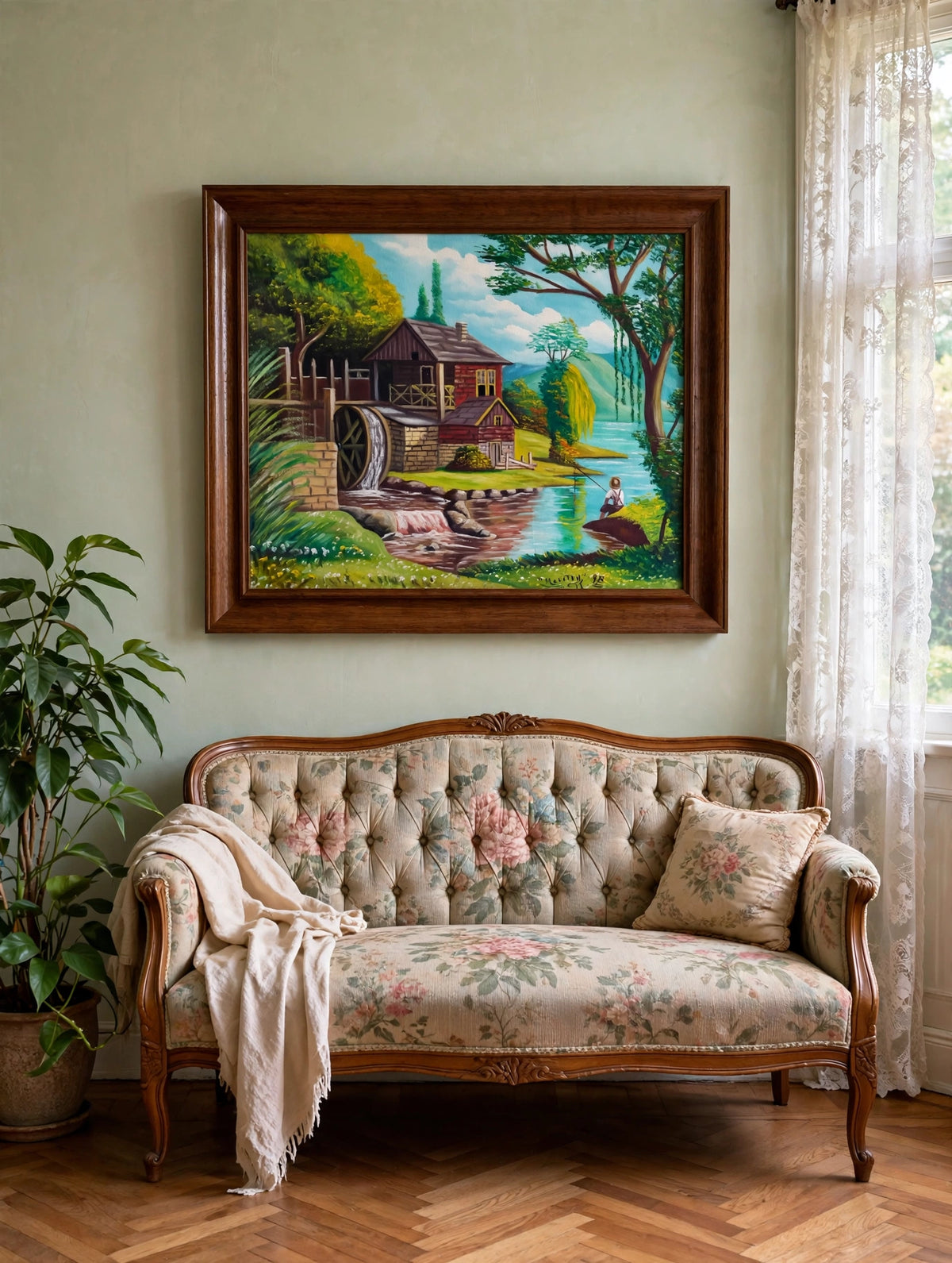 Styled lifestyle photo — the Melitón Rodríguez 1998 watermill oil shown in a sunlit vintage parlor above a floral settee (display inspiration)