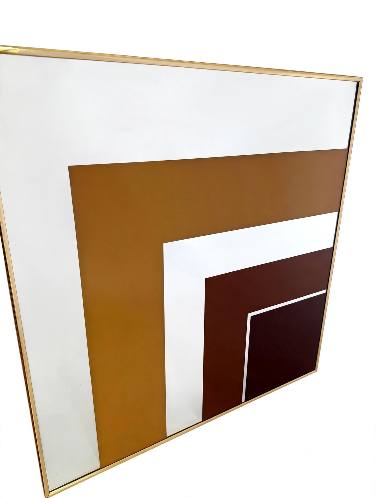 1970s Hollywood Regency geometric gold wall mirror — front view on a clean white background, showing the nested offset-square design in muted gold-tan, rust and deep burgundy on frosted white glass