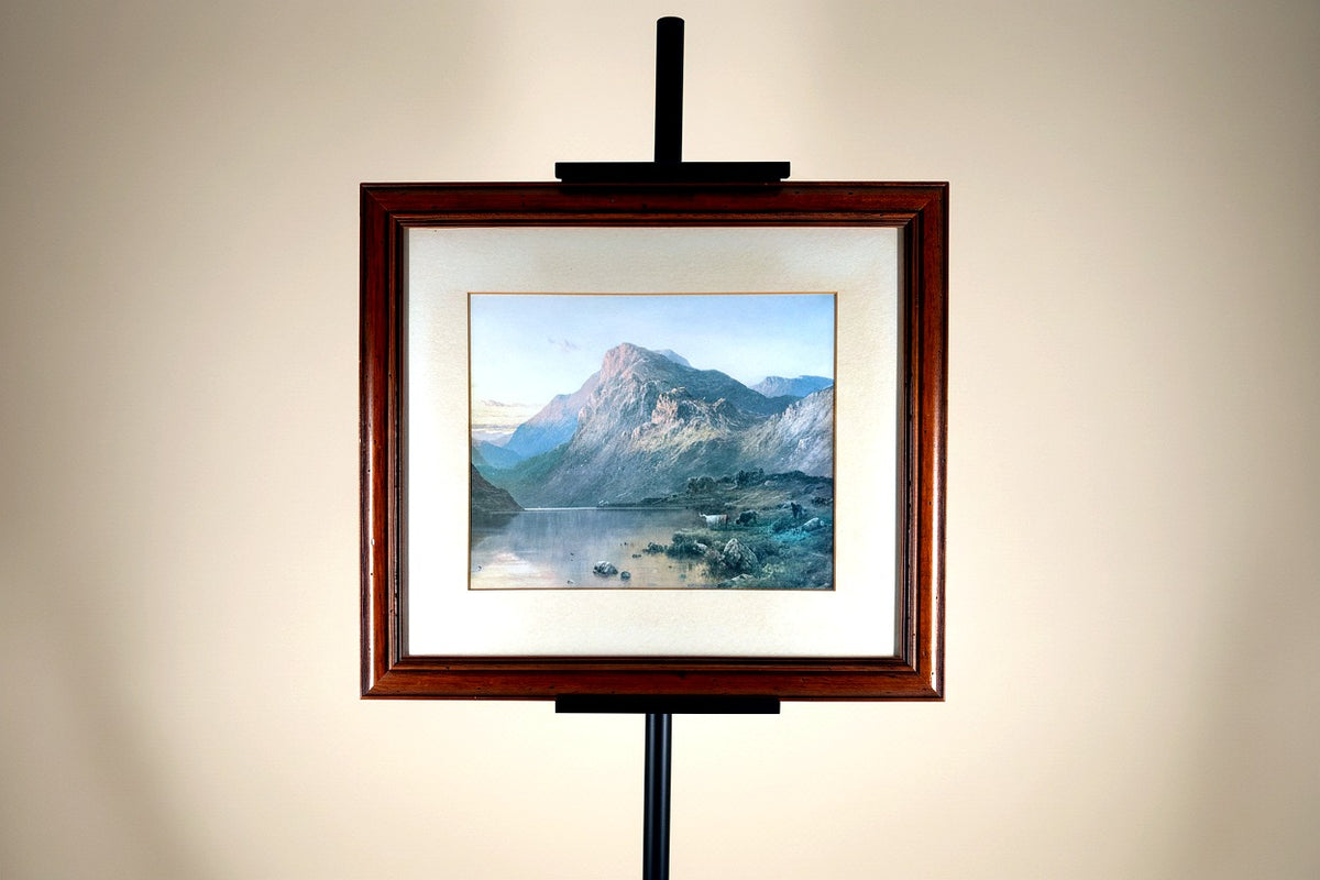 Vintage framed mountain lake landscape print with grazing cattle