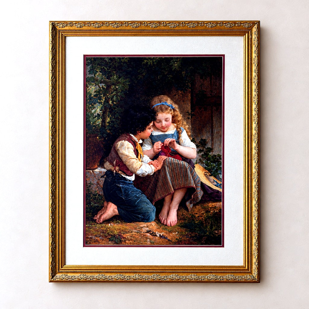 Vintage framed Émile Munier The Knitting Lesson art print