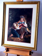 Emile Munier The Knitting Lesson framed art print — front view on an easel from a left angle