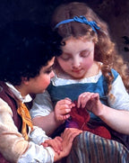 Detail close-up from the artwork — the children's faces and the girl's hands at her knitting