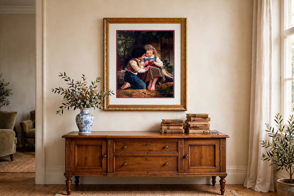 Styled lifestyle photo — the framed Munier ‘The Knitting Lesson’ print above a traditional wooden sideboard (display inspiration)