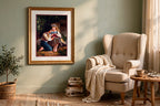Styled lifestyle photo — the framed Munier ‘The Knitting Lesson’ print in a cozy reading nook with a wingback chair (display inspiration)