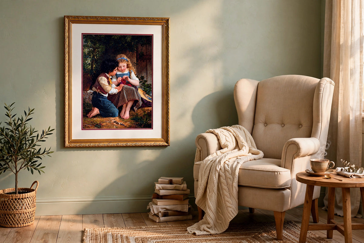 Styled lifestyle photo — the framed Munier ‘The Knitting Lesson’ print in a cozy reading nook with a wingback chair (display inspiration)
