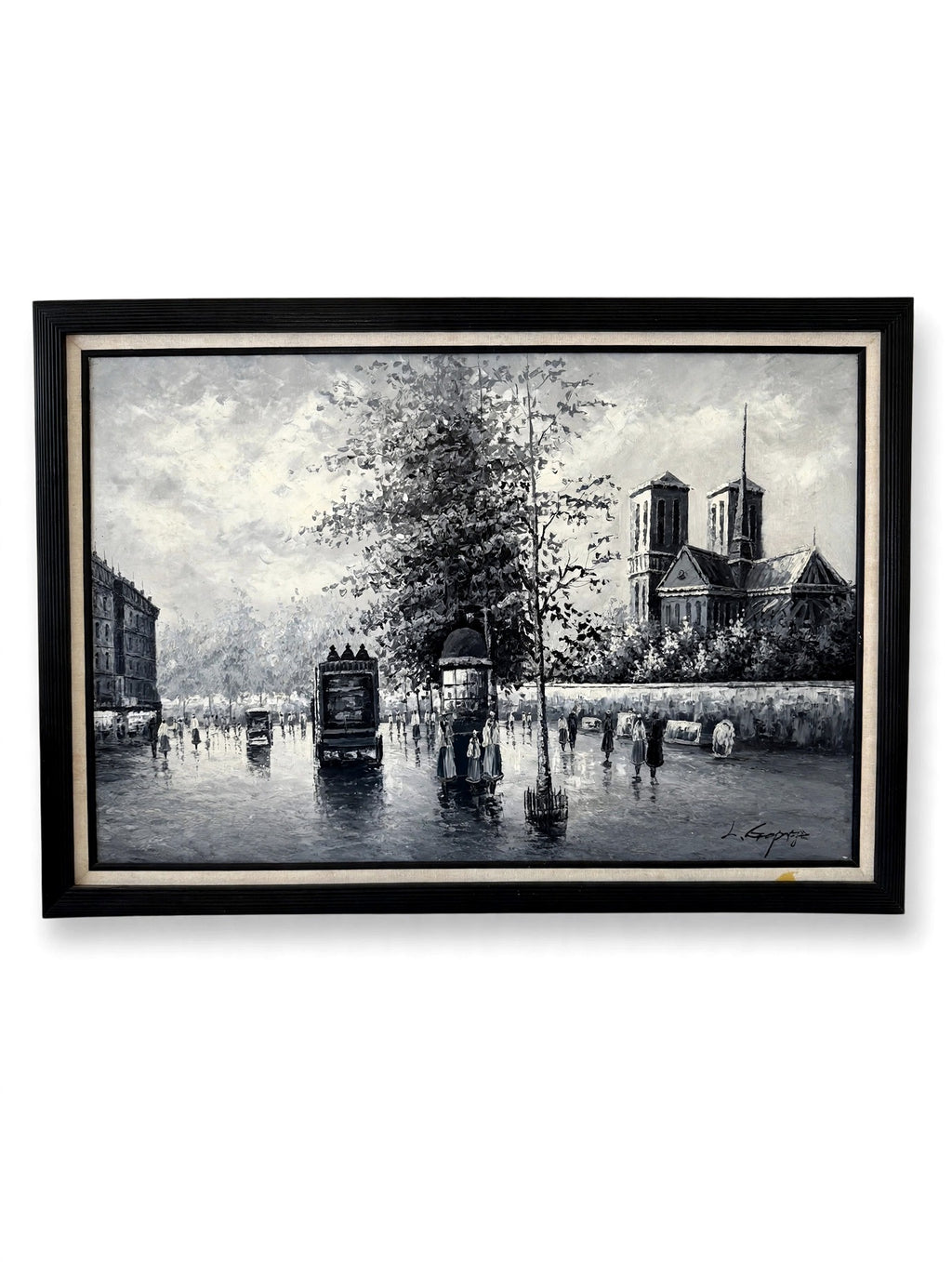Paris Notre-Dame street scene oil on canvas — front view on a clean white background — a rainy monochrome boulevard with Notre-Dame at right, in a black frame with a thin gold liner